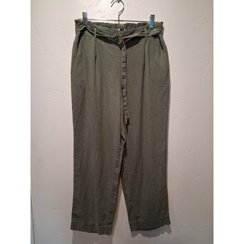 Anne Klein Wmn's M Linen Blend Pants High Rise Ankle Green Pull On Belted Travel